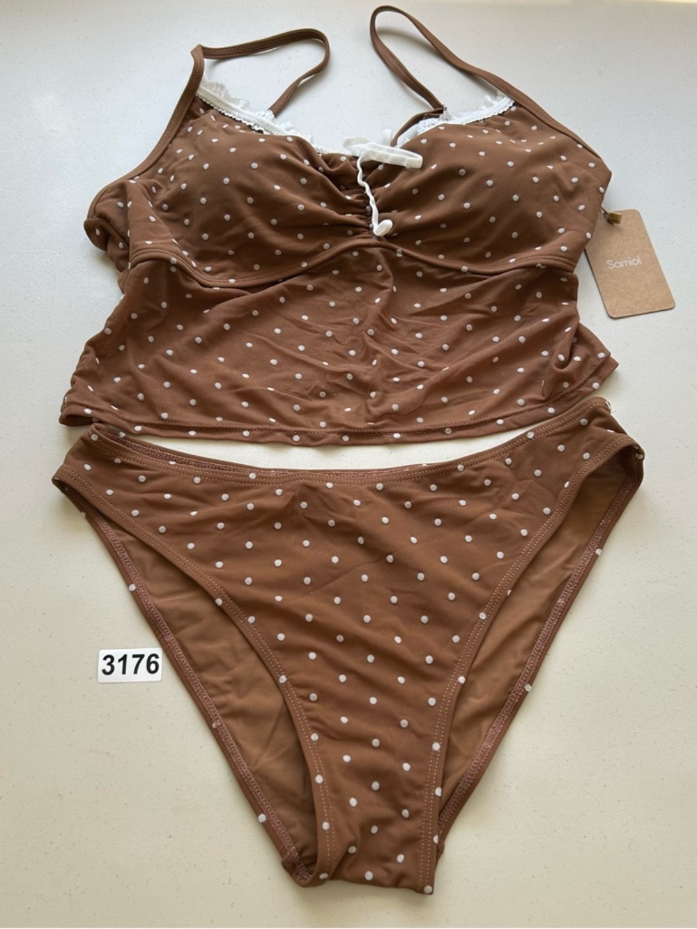 Samiol Tankini Bikini Set XL Coffee Contrast Polka Dot Mesh Swimwear - Picture 9 of 9